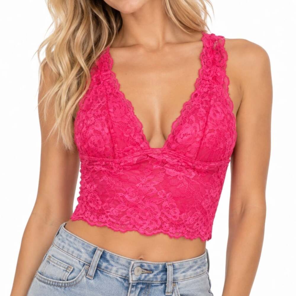 Hot Pink Floral Lace V-Neck Longline Bralette Crop Top